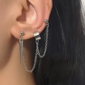 Silver punk style chain earrings set with geometric studs and ear cuff for women - Silver Punk Spike Chain (Kwg-0249)
