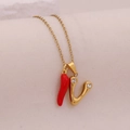 Golden necklace with vibrant red chili pepper and crystal-studded letter V pendant - Letter V(V)