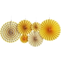 Set of 6 yellow and white paper fans with stripes and dots for party decoration - Yellow Stripe
