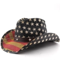 Western straw cowboy hat with American flag stars, stripes, and faux leather star band - M(56-58cm) / Khaki Black