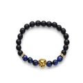Tiger eye and matte black beaded bracelet featuring a golden lion head charm for men - Blue Tiger Eye Stone