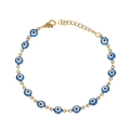 Adjustable golden stainless steel chain bracelet with blue Evil Eye charms and lobster clasp - Light Blue (B4201--G)