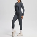 Set yoga 3 pezzi grigio scuro con giacca a zip, reggiseno sportivo e leggings senza cuciture - Grigio Grafite