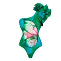 Maillot de bain asymétrique vert émeraude avec volants et grand imprimé papillon aquarelle - S / Maillot de bain une pièce