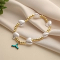 Fashion heart pearl and gold bead bracelet with turquoise fishtail pendant on silk - Turquoise Fish Tail Pendant Style / Green