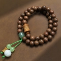 Double loop Phoebe zhennan wood prayer beads with jade accents and lotus pendant - Golden Sandalwood 8mm Double Circle Ruyi Mantra