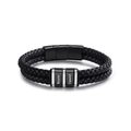 Detail of double-layer black woven leather bracelet with custom engraved metal beads - Two-Segment Steel Bead Style / Black