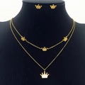 Golden crown jewelry set including double-layered heart necklace and matching stud earrings - Gold Crown Double Layer Set (KS201100-HDJ)