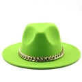 Detail of neon green wool felt jazz hat featuring a thick decorative gold metal chain - Fruit Green
