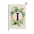 Outdoor garden flag with golden circle and black letter I design on burlap texture - Letter I