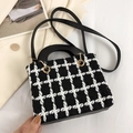 Black and white plaid tweed small square handbag with golden hardware and leather strap - Black (Without Pendant)