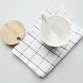 Minimalist white ceramic bowl set with bamboo lid and spoon on checkered napkin - 40*60cm / White with Black Large Plaid