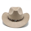 Detail of bohemian cowboy hat featuring blue evil eye charm and ethnic beaded band - M (56-59cm) / Camel Faux Suede