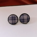 Classic blue and grey plaid button stud earrings with a glossy black circular frame - 55# Blue - Classic Tartan Stud (Silver Earring Post)
