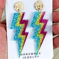 Flashy lightning bolt earrings with glitter gradient and gold studs for women - Colorful Gradient Lightning