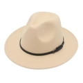 Classic beige wool fedora hat with elegant black leather band and metal buckle detail - M(56-58cm) / Beige