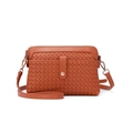 Brown hand-woven faux leather crossbody bag with dual pockets and adjustable shoulder strap - Light Tan Brown