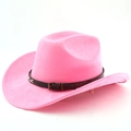 Detailed shot of pink faux suede cowboy hat with vintage brown leather buckled band - M (56-58cm) / Magenta