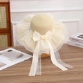 Beige wide brim straw sun hat featuring lace bow and delicate mesh trim design - Yellow Flower Knot Beige