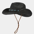 Detail of black woven cowboy hat featuring turquoise beads and silver metal studs trim - M(56-58cm) / Black
