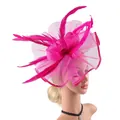 Elegant rose red fascinator hat with mesh flowers and feathers for bridal wear - Rose Red