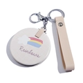 Mini folding mirror keychain with rainbow pattern and beige leather strap charm - Star Rainbow