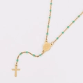 Goldene Rosenkranz-Halskette mit grünen Perlen, Marienmedaille und Kreuzanhänger - Grün