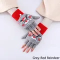 Grey and red Christmas knit flip top mittens with reindeer pattern for women - Flip Cover Half Finger Elk Style / Gray / Adult