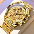 Orologio cronografo di lusso in acciaio dorato con movimento meccanico a vista e data - Quadrante Oro Oro