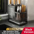 Black 304 stainless steel kitchen knife and utensil rack with drip tray, 240x127x228mm - Countertop Integrated Rack / Black