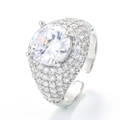 Hip hop silver ring with large round cubic zirconia and side pave set diamonds - Adjustable Open / Platinum - White Zirconia