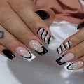 Handmade long square press-on nails featuring black and white French tips with silver swirls - K021【24pcs】 / Boxed (jelly Gel + Granules)