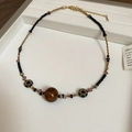 Bohemian beaded necklace with brown tiger eye stone and black patterned charms - 41# Necklace - Brown Round Bead