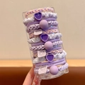 Elastic purple and pink hair tie set with heart and smiley face charms in a clear tube - 15-Piece Set (With Storage Box) / 4# Purple