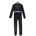 Detail of black velvet texture on long-sleeved zipper crop top and matching jogger set - S / Black