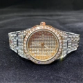 Detailed view of luxury gold and silver dual-tone watch with full square crystal settings - Two-tone Rose Gold