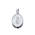 Macro shot of oval stainless steel pendant with letter I on white mother of pearl - Steel Letter I