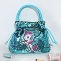 Lake blue sequin handbag with cute unicorn embroidery and leather top handle - Blue Unicorn