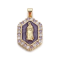 Macro detail of hexagonal Virgin Mary pendant with purple enamel and zircon inlay - Purple Virgin Mary Style