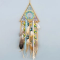 Handmade triangle dream catcher with blue net and multicolored feathers for wall decor - Khaki