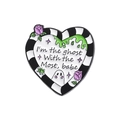 Pin's cœur Halloween en émail avec fantôme blanc et texte 'I'm the ghost with the most' - Style de Fantôme Cœur Rayé (QHXZ1356)