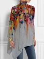 Detalle de camiseta de cuello alto y manga larga con estampado abstracto y dobladillo irregular - S / Parte Superior (Estampado de Pintura al Óleo Abstracta Gris Patchwork de Colores-Y53089)