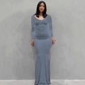 Detalle del vestido largo ajustado de manga larga en tejido de punto gris azulado - XS / Tops / Azul