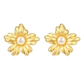 Elegant 18K gold-plated floral earrings with white pearl center in square stripe style - Flower Shape Pearl Decoration (MS-495)