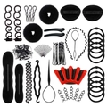Professional black hair styling tool kit with bun makers and hair loops on white background - 55-Piece Set / Black