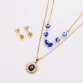 Set of double-layered gold necklace and stud earrings with blue evil eye charms - Gold Blue