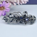 Pince à cheveux vintage argentée avec strass bleus et motif fleur feuille pour femme - Rocky