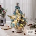Mini 40cm blue flocked Christmas tree with LED lights and burlap base for desk decor - With Lights / 40CM / Blue