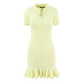 Gelbes Strickkleid mit kurzen Ärmeln, Schnürkragen und einem eleganten Rüschensaum - S / Gelb