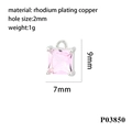 Macro detail of a 9x7mm pink square zircon pendant in rhodium-plated copper base - Silver Base - Pink Gem